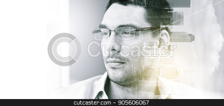 To use this stock image in your creative project, please select the size you need over to the right and click the "Add to Cart" button.
Your downloaded image will come with the Cutcaster watermark removed so don’t worry about the watermark you see on this page. portrait of businessman in eyeglasses at office stock photo, business, vision and people concept - portrait of businessman in eyeglasses at office over city buildings and double exposure effect by Syda Productions
