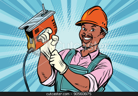 To use this stock image in your creative project, please select the size you need over to the right and click the "Add to Cart" button.
Your downloaded image will come with the Cutcaster watermark removed so don’t worry about the watermark you see on this page. Construction worker with jigsaw stock vector clipart, Construction worker with the repair tool jigsaw. African American people. Comic book cartoon pop art retro colored drawing vintage illustration by rogistok