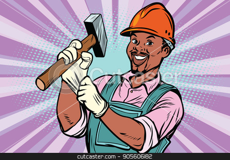 To use this stock image in your creative project, please select the size you need over to the right and click the "Add to Cart" button.
Your downloaded image will come with the Cutcaster watermark removed so don’t worry about the watermark you see on this page. Construction worker with hammer stock vector clipart, Construction worker with the repair tool hammer. African American people. Comic book cartoon pop art retro colored drawing vintage illustration by rogistok