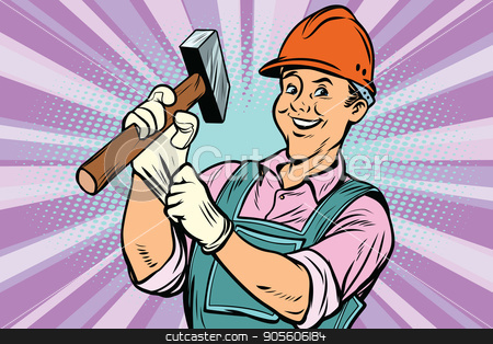 To use this stock image in your creative project, please select the size you need over to the right and click the "Add to Cart" button.
Your downloaded image will come with the Cutcaster watermark removed so don’t worry about the watermark you see on this page. Construction worker with hammer stock vector clipart, Construction worker with the repair tool hammer. Comic book cartoon pop art retro colored drawing vintage illustration by rogistok