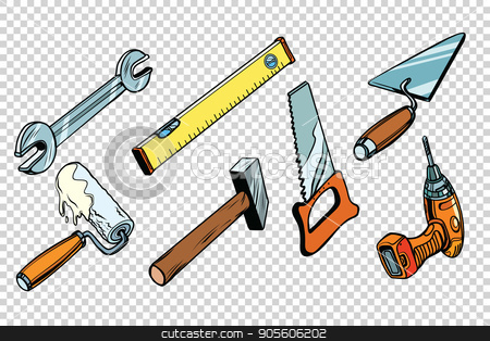 To use this stock image in your creative project, please select the size you need over to the right and click the "Add to Cart" button.
Your downloaded image will come with the Cutcaster watermark removed so don’t worry about the watermark you see on this page. Set repair tools, isolated background stock vector clipart, Set repair tools, isolated background. wrench paint roller saw hammer drill level trowel. Comic book cartoon pop art retro colored drawing vintage illustration by rogistok