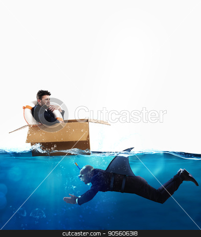 To use this stock image in your creative project, please select the size you need over to the right and click the "Add to Cart" button.
Your downloaded image will come with the Cutcaster watermark removed so don’t worry about the watermark you see on this page. Fear of crisis and business competition concept stock photo, Fearful Businessman on cardboard while businessman with fin shark swims under water by Federico Caputo