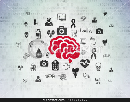 To use this stock image in your creative project, please select the size you need over to the right and click the "Add to Cart" button.
Your downloaded image will come with the Cutcaster watermark removed so don’t worry about the watermark you see on this page. Health concept: Brain on Digital Data Paper background stock photo, Health concept: Painted red Brain icon on Digital Data Paper background with Hand Drawn Medicine Icons by mkabakov