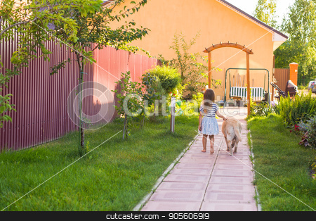 To use this stock image in your creative project, please select the size you need over to the right and click the "Add to Cart" button.
Your downloaded image will come with the Cutcaster watermark removed so don’t worry about the watermark you see on this page. Cute little child girl with dog stock photo, Cute little child girl with dog playing in summer garden by Satura86