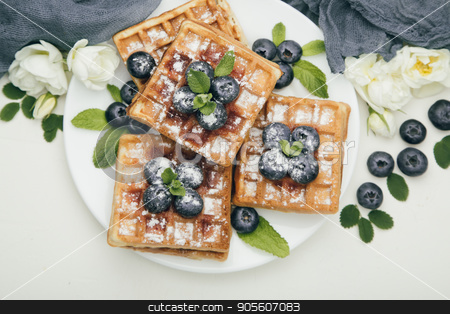 To use this stock image in your creative project, please select the size you need over to the right and click the "Add to Cart" button.
Your downloaded image will come with the Cutcaster watermark removed so don’t worry about the watermark you see on this page. Belgian waffles with blueberries for breakfast stock photo, Belgian waffles with fresh blueberries and mint with white flowers on white table. Delicious dessert. Top view by sunapple