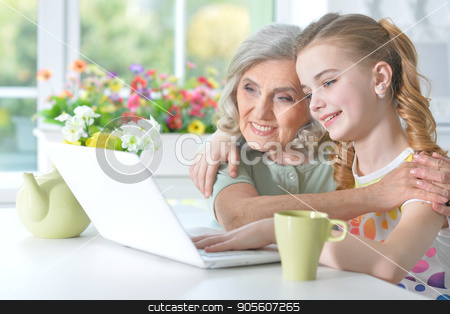 To use this stock image in your creative project, please select the size you need over to the right and click the "Add to Cart" button.
Your downloaded image will come with the Cutcaster watermark removed so don’t worry about the watermark you see on this page. Girl with grandmother using laptop stock photo, Cute little girl with her grandmother using modern laptop by Ruslan Huzau