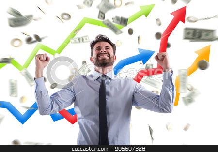 To use this stock image in your creative project, please select the size you need over to the right and click the "Add to Cart" button.
Your downloaded image will come with the Cutcaster watermark removed so don’t worry about the watermark you see on this page. Happy businessman with growth exponential gain statistics stock photo, Happy businessman exults under a rain of coins and banknotes by Federico Caputo