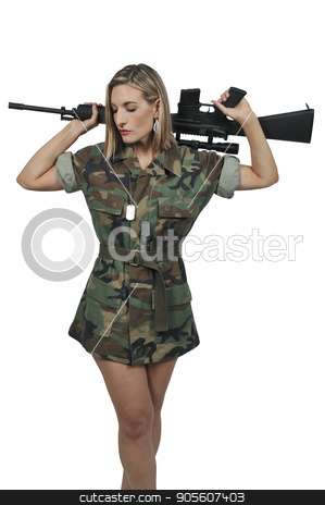 To use this stock image in your creative project, please select the size you need over to the right and click the "Add to Cart" button.
Your downloaded image will come with the Cutcaster watermark removed so don’t worry about the watermark you see on this page. Young Woman Soldier stock photo, Beautiful young woman soldier with an assault rifle by Robert Byron