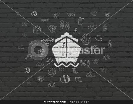 To use this stock image in your creative project, please select the size you need over to the right and click the "Add to Cart" button.
Your downloaded image will come with the Cutcaster watermark removed so don’t worry about the watermark you see on this page. Vacation concept: Ship on wall background stock photo, Vacation concept: Painted white Ship icon on Black Brick wall background with Hand Drawn Vacation Icons by mkabakov