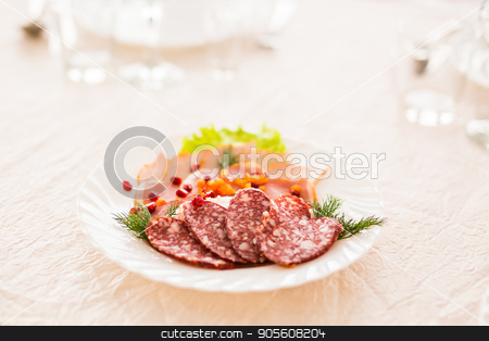 To use this stock image in your creative project, please select the size you need over to the right and click the "Add to Cart" button.
Your downloaded image will come with the Cutcaster watermark removed so don’t worry about the watermark you see on this page. Dish with sliced meat products on the festive table stock photo, Dish with sliced meat products on the festive table by Satura86