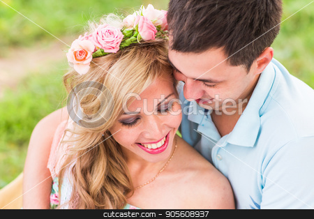 To use this stock image in your creative project, please select the size you need over to the right and click the "Add to Cart" button.
Your downloaded image will come with the Cutcaster watermark removed so don’t worry about the watermark you see on this page. Portrait of happy Couple in love outdoors stock photo, Happy Couple Having Romantic Picnic in Countryside by Satura86