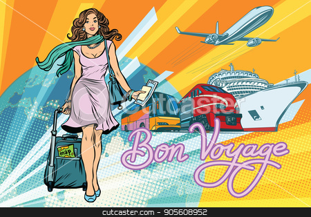 To use this stock image in your creative project, please select the size you need over to the right and click the "Add to Cart" button.
Your downloaded image will come with the Cutcaster watermark removed so don’t worry about the watermark you see on this page. Beautiful woman passenger tourist bus train cruise ship and plan stock vector clipart, Beautiful woman passenger tourist bus train cruise ship and plane. Pop art retro vector illustration by studiostoks