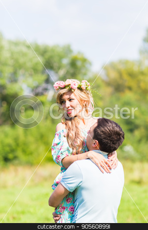 To use this stock image in your creative project, please select the size you need over to the right and click the "Add to Cart" button.
Your downloaded image will come with the Cutcaster watermark removed so don’t worry about the watermark you see on this page. happy young couple hugging on nature stock photo, happy young couple kissing and hugging on nature by Satura86