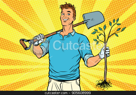 To use this stock image in your creative project, please select the size you need over to the right and click the "Add to Cart" button.
Your downloaded image will come with the Cutcaster watermark removed so don’t worry about the watermark you see on this page. Man gardener with a shovel and sapling stock vector clipart, Man gardener with a shovel and sapling. Pop art retro vector illustration by studiostoks