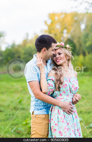 To use this stock image in your creative project, please select the size you need over to the right and click the "Add to Cart" button.
Your downloaded image will come with the Cutcaster watermark removed so don’t worry about the watermark you see on this page. happy young couple hugging on nature stock photo, happy young couple kissing and hugging on nature by Satura86