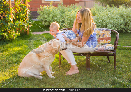 To use this stock image in your creative project, please select the size you need over to the right and click the "Add to Cart" button.
Your downloaded image will come with the Cutcaster watermark removed so don’t worry about the watermark you see on this page. Mother holding baby son and playing with labrador dog in the park stock photo, Mother holding baby son and playing with labrador dog in the park by Satura86