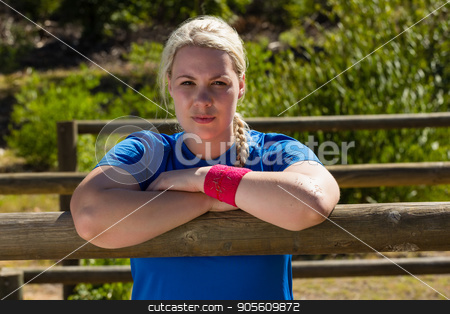 To use this stock image in your creative project, please select the size you need over to the right and click the "Add to Cart" button.
Your downloaded image will come with the Cutcaster watermark removed so don’t worry about the watermark you see on this page. Fit woman leaning on hurdles during obstacle course training in the boot camp stock photo, Portrait of fit woman leaning on hurdles during obstacle course training in the boot camp by Wavebreak Media