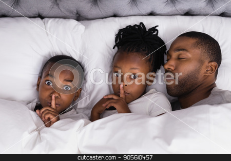 To use this stock image in your creative project, please select the size you need over to the right and click the "Add to Cart" button.
Your downloaded image will come with the Cutcaster watermark removed so don’t worry about the watermark you see on this page. Portrait of siblings with finger on lips by father sleeping in bed stock photo, High angle portrait of siblings with finger on lips by father sleeping in bed at home by Wavebreak Media