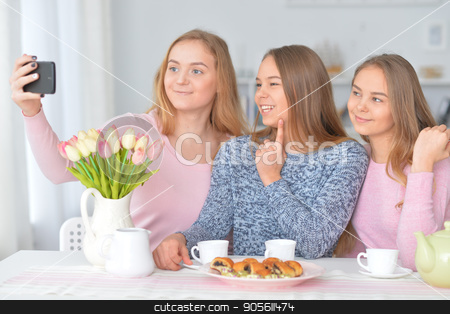 To use this stock image in your creative project, please select the size you need over to the right and click the "Add to Cart" button.
Your downloaded image will come with the Cutcaster watermark removed so don’t worry about the watermark you see on this page. girls making selfie stock photo, Portrait of three teenage girls making selfie by Ruslan Huzau