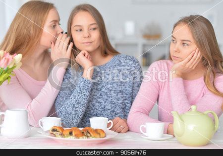 To use this stock image in your creative project, please select the size you need over to the right and click the "Add to Cart" button.
Your downloaded image will come with the Cutcaster watermark removed so don’t worry about the watermark you see on this page. Teenage girls gossiping stock photo, Teenage girls gossiping while sitting at table with tea and sweets by Ruslan Huzau