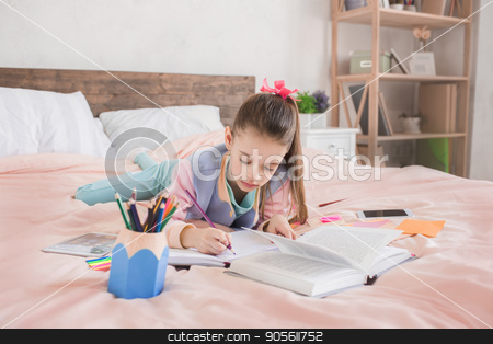 To use this stock image in your creative project, please select the size you need over to the right and click the "Add to Cart" button.
Your downloaded image will come with the Cutcaster watermark removed so don’t worry about the watermark you see on this page. Young teenager girl alone at home childhood stock photo, Young teenager girl alone at home childhood doing homework by Dmytro Sidelnikov