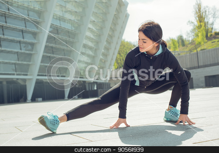To use this stock image in your creative project, please select the size you need over to the right and click the "Add to Cart" button.
Your downloaded image will come with the Cutcaster watermark removed so don’t worry about the watermark you see on this page. Young woman active exercise workout on street outdoor stock photo, Young femaleactive exercise workout on street outside stretching by Dmytro Sidelnikov