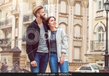 To use this stock image in your creative project, please select the size you need over to the right and click the "Add to Cart" button.
Your downloaded image will come with the Cutcaster watermark removed so don’t worry about the watermark you see on this page. Young couple tourists city walk together vacation stock photo, Young couple woman and man tourists city walk together vacation hugging by Dmytro Sidelnikov
