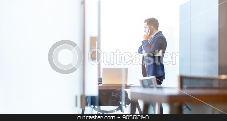 To use this stock image in your creative project, please select the size you need over to the right and click the "Add to Cart" button.
Your downloaded image will come with the Cutcaster watermark removed so don’t worry about the watermark you see on this page. Businessman talking on a mobile phone while looking through window. stock photo, Businessman talking on a mobile phone while looking through modern corporate office window, holding financial newspaper. by kasto