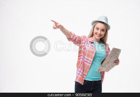 To use this stock image in your creative project, please select the size you need over to the right and click the "Add to Cart" button.
Your downloaded image will come with the Cutcaster watermark removed so don’t worry about the watermark you see on this page. Beautiful young woman on white background stock photo, Travel concept. Portrait of stylish beautiful young woman isolated on white background. Woman smiling, pointing aside and holding map. Free space for logo by Dmytro Sidelnikov