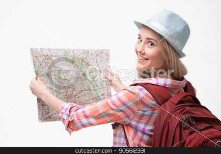 To use this stock image in your creative project, please select the size you need over to the right and click the "Add to Cart" button.
Your downloaded image will come with the Cutcaster watermark removed so don’t worry about the watermark you see on this page. Beautiful young woman on white background stock photo, Travel concept. Back view photo of stylish beautiful young woman isolated on white background. Woman with backpack smiling and using map by Dmytro Sidelnikov