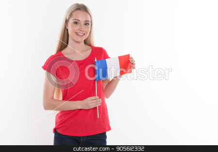 To use this stock image in your creative project, please select the size you need over to the right and click the "Add to Cart" button.
Your downloaded image will come with the Cutcaster watermark removed so don’t worry about the watermark you see on this page. Beautiful young woman on white background stock photo, Travel concept. Portrait of stylish beautiful young woman isolated on white background. Woman smiling, looking at camera and holding flag of France by Dmytro Sidelnikov