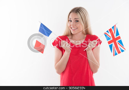 To use this stock image in your creative project, please select the size you need over to the right and click the "Add to Cart" button.
Your downloaded image will come with the Cutcaster watermark removed so don’t worry about the watermark you see on this page. Beautiful young woman on white background stock photo, Travel concept. Portrait of stylish beautiful young woman isolated on white background. Woman smiling, looking at camera and holding flags of France and England by Dmytro Sidelnikov