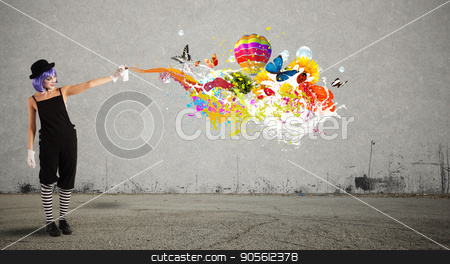 To use this stock image in your creative project, please select the size you need over to the right and click the "Add to Cart" button.
Your downloaded image will come with the Cutcaster watermark removed so don’t worry about the watermark you see on this page. Woman clown with colored spray stock photo, Woman clown with colored spray paints trails by Federico Caputo