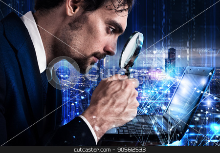 To use this stock image in your creative project, please select the size you need over to the right and click the "Add to Cart" button.
Your downloaded image will come with the Cutcaster watermark removed so don’t worry about the watermark you see on this page. Man looks at the magnifying glass a laptop. Concept of software analysis stock photo, Man looks at the magnifying glass the screen of a laptop. Concept of software analysis by Federico Caputo