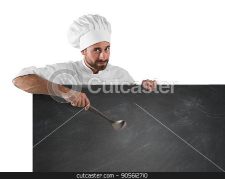 To use this stock image in your creative project, please select the size you need over to the right and click the "Add to Cart" button.
Your downloaded image will come with the Cutcaster watermark removed so don’t worry about the watermark you see on this page. Chef with ladle and board stock photo, Smiling chef with ladle indicates a board by Federico Caputo