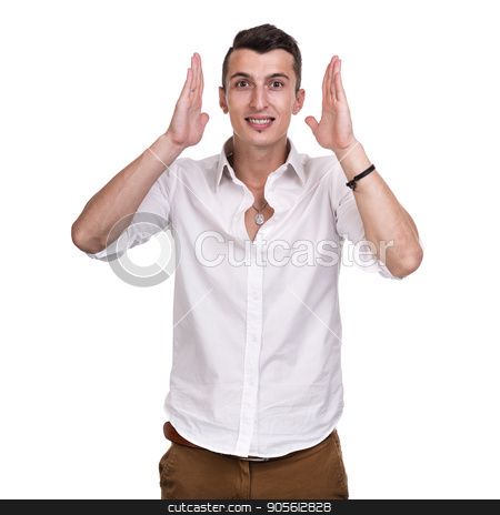 To use this stock image in your creative project, please select the size you need over to the right and click the "Add to Cart" button.
Your downloaded image will come with the Cutcaster watermark removed so don’t worry about the watermark you see on this page. Portrait of surprised young man isolated on white stock photo, Closeup portrait of surprised young man isolated on white studio shot by StepStock