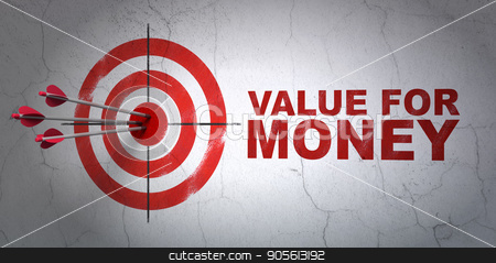 To use this stock image in your creative project, please select the size you need over to the right and click the "Add to Cart" button.
Your downloaded image will come with the Cutcaster watermark removed so don’t worry about the watermark you see on this page. Money concept: target and Value For Money on wall background stock photo, Success money concept: arrows hitting the center of target, Red Value For Money on wall background, 3D rendering by mkabakov
