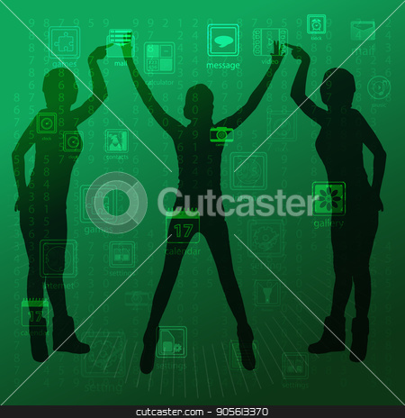 To use this stock image in your creative project, please select the size you need over to the right and click the "Add to Cart" button.
Your downloaded image will come with the Cutcaster watermark removed so don’t worry about the watermark you see on this page. The concept of technology in one click, touch pressing stock vector clipart, The concept of technology in one click, touch pressing to manage gadgets. On a green background girls three hold their fingers and hands up. Illustration, vector for your design by Kseniia