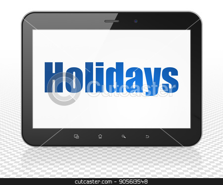 To use this stock image in your creative project, please select the size you need over to the right and click the "Add to Cart" button.
Your downloaded image will come with the Cutcaster watermark removed so don’t worry about the watermark you see on this page. Holiday concept: Tablet Pc Computer with Holidays on display stock photo, Holiday concept: Tablet Pc Computer with blue text Holidays on display, 3D rendering by mkabakov