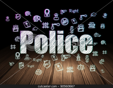 To use this stock image in your creative project, please select the size you need over to the right and click the "Add to Cart" button.
Your downloaded image will come with the Cutcaster watermark removed so don’t worry about the watermark you see on this page. Law concept: Police in grunge dark room stock photo, Law concept: Glowing text Police, Hand Drawn Law Icons in grunge dark room with Wooden Floor, black background by mkabakov