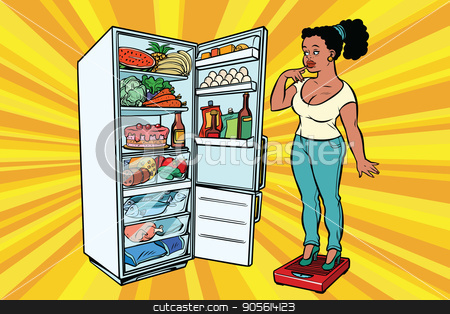 To use this stock image in your creative project, please select the size you need over to the right and click the "Add to Cart" button.
Your downloaded image will come with the Cutcaster watermark removed so don’t worry about the watermark you see on this page. Diet. Young woman on scales, stand next to the refrigerator with stock vector clipart, Young woman on scales, stand next to the refrigerator with food. Diet and weight-loss, fat people. A healthy lifestyle. African American people. Comic cartoon style pop art retro vector color drawing by rogistok