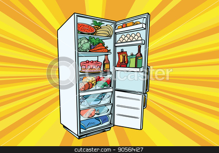 To use this stock image in your creative project, please select the size you need over to the right and click the "Add to Cart" button.
Your downloaded image will come with the Cutcaster watermark removed so don’t worry about the watermark you see on this page. Home refrigerator filled with food stock vector clipart, Home refrigerator filled with food. Fruits and vegetables, meat and fish. Comic cartoon style pop art retro vector color drawing illustration by rogistok