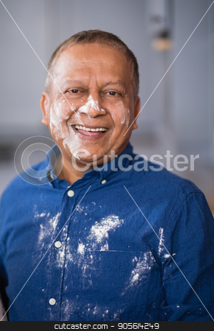 To use this stock image in your creative project, please select the size you need over to the right and click the "Add to Cart" button.
Your downloaded image will come with the Cutcaster watermark removed so don’t worry about the watermark you see on this page. Portrait of happy mature man with flour on face and shirt stock photo, Portrait of happy mature man with flour on face and shirt at home by Wavebreak Media