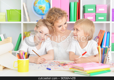 To use this stock image in your creative project, please select the size you need over to the right and click the "Add to Cart" button.
Your downloaded image will come with the Cutcaster watermark removed so don’t worry about the watermark you see on this page. Mother drawing with cute sons stock photo, Portrait of happy mother drawing with three cute sons by Ruslan Huzau