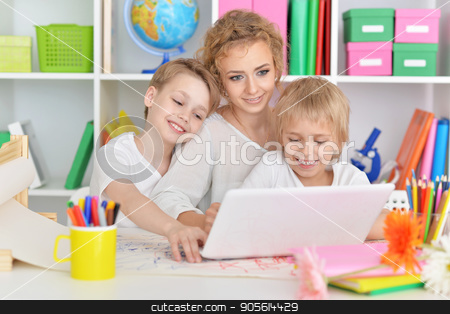 To use this stock image in your creative project, please select the size you need over to the right and click the "Add to Cart" button.
Your downloaded image will come with the Cutcaster watermark removed so don’t worry about the watermark you see on this page. Mother drawing with three cute sons stock photo, Portrait of happy mother drawing with three cute sons by Ruslan Huzau