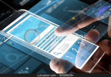 To use this stock image in your creative project, please select the size you need over to the right and click the "Add to Cart" button.
Your downloaded image will come with the Cutcaster watermark removed so don’t worry about the watermark you see on this page. close up of hands with charts on smartphone stock photo, business, statistics, people and future technology concept - close up of businessman hands with charts on transparent smartphone screen and virtual projections over black background by Syda Productions