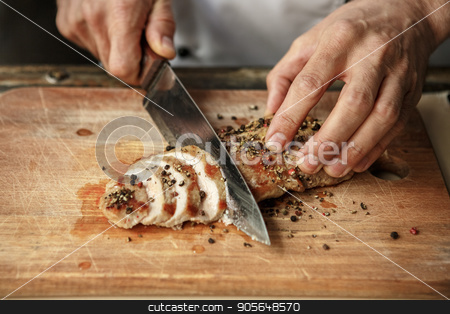 To use this stock image in your creative project, please select the size you need over to the right and click the "Add to Cart" button.
Your downloaded image will come with the Cutcaster watermark removed so don’t worry about the watermark you see on this page. Mature man professional chef cooking meal indoors stock photo, Mature male professional chef cooking meal indoors cutting meat by Dmytro Sidelnikov
