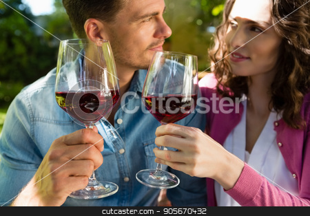 To use this stock image in your creative project, please select the size you need over to the right and click the "Add to Cart" button.
Your downloaded image will come with the Cutcaster watermark removed so don’t worry about the watermark you see on this page. Romantic couple toasting glass of wine in park stock photo, Romantic couple toasting glass of wine in park on a sunny day by Wavebreak Media