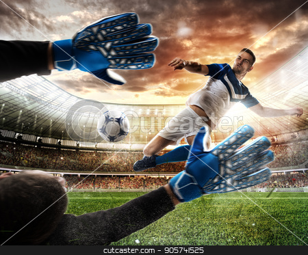 To use this stock image in your creative project, please select the size you need over to the right and click the "Add to Cart" button.
Your downloaded image will come with the Cutcaster watermark removed so don’t worry about the watermark you see on this page. Goalkeeper catches the ball in the stadium stock photo, Goalkeeper catches the ball in the stadium during a football game by Federico Caputo