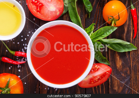 To use this stock image in your creative project, please select the size you need over to the right and click the "Add to Cart" button.
Your downloaded image will come with the Cutcaster watermark removed so don’t worry about the watermark you see on this page. tomato soup stock photo, tomato soup in bowl and on a table by tycoon
